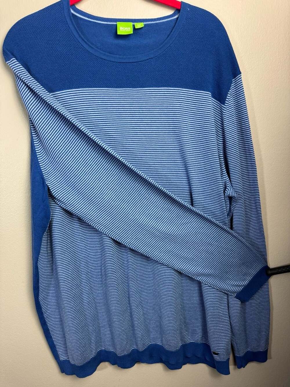 Hugo Boss Men's Blue Striped Crew Neck Long Sleeve Sweater - Picture 4 of 9